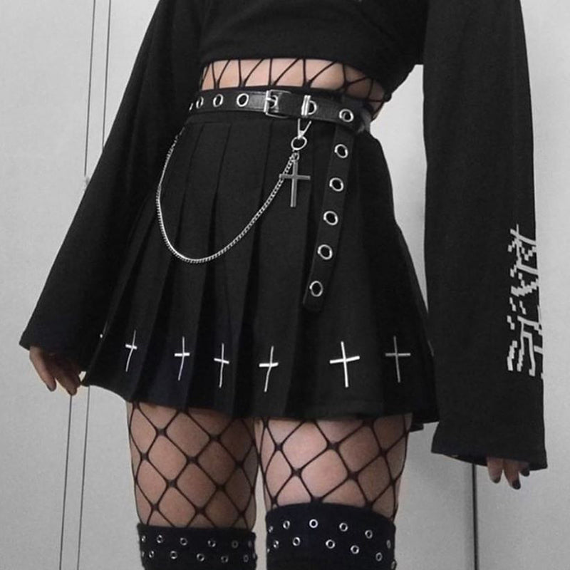 Hot High Waist Mini Black Skirts Streetwear Cross Print Pleated Women Skirt