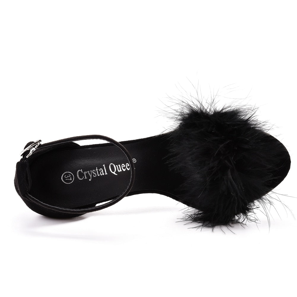 Fluffy Peep Toe Stilettos with Fur Feather